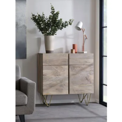 Light Wood 2 Door 2 Drawer Small Sideboard Gold Hairpin Legs