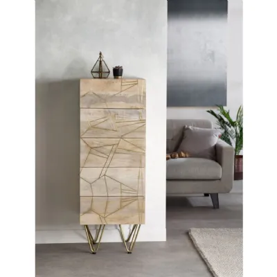 Light Wood Tallboy Chest of 5 Drawers Gold Hairpin Legs