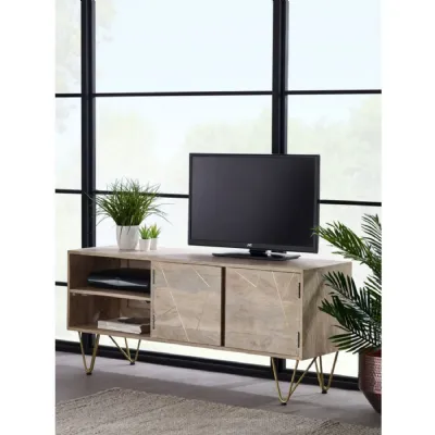 Light Wood 2 Door Wide TV Media Cabinet Gold Hairpin Legs