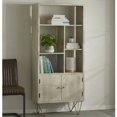 Light Mango Wood 2 Door Large Open Bookcase Gold Inlays