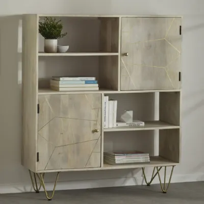 Light Wood 2 Door Display Cabinet Gold Hairpin Legs