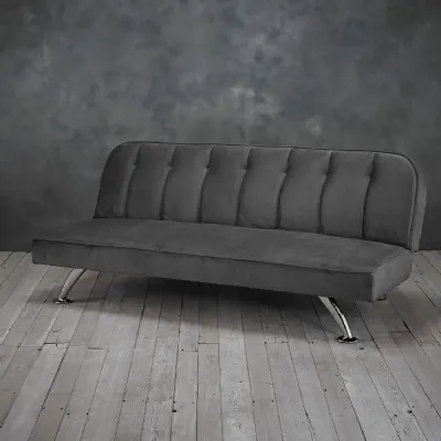 Grey Velvet Upholstered Reclining Sofa Bed with Chrome Legs