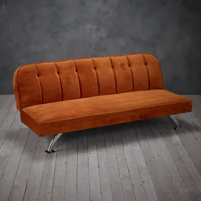 Orange Velvet Upholstered 3 Seater Sofa Bed with Tufted Back