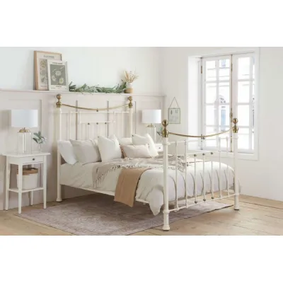 Cream Metal Double Bed with High Headboard and Footend