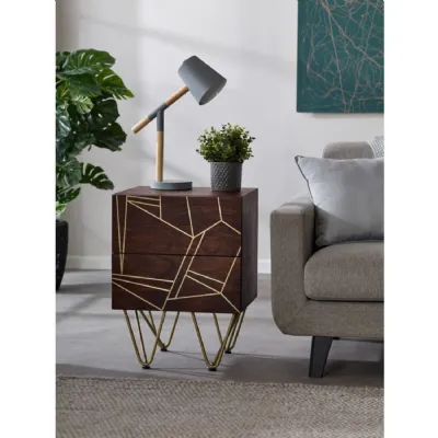 Dark Wood 2 Drawer Side Table Gold Hairpin Legs