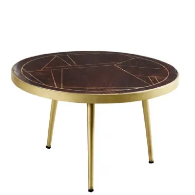 Dark Mango Wood Top Round Coffee Table Gold Trimmed