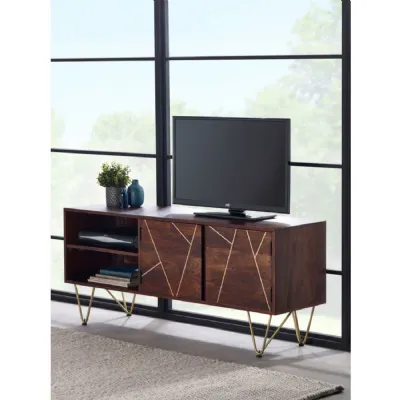 Walnut Wood 2 Door Plasma TV Media Cabinet Gold Hairpin Legs