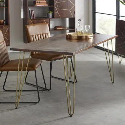 Dark Mango Wood 160cm Large Dining Table Gold Hairpin Legs