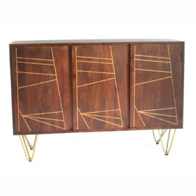 Dark Mango Wood 3 Door Large Sideboard Gold Hairpin Legs