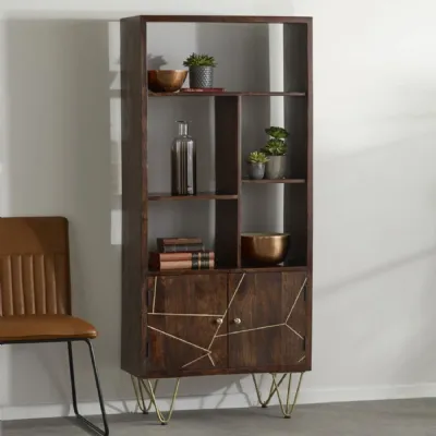 Dark Mango Wood 2 Door Large Open Bookcase Hairpin Legs