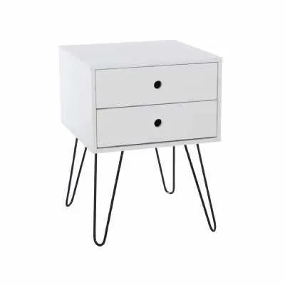 White Painted Bedside Chest Cabinet 2 Drawers Black Metal Hairpin Legs