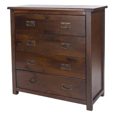 Large Dark Pine Wood Chest of 4 Drawers Brass Metal Handles