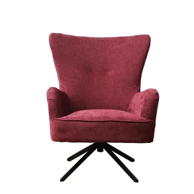 Modern Red Chenille Swivel Wing Back Armchair with Steel Base