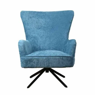 Modern Blue Chenille Swivel Wing Back Armchair with Steel Base