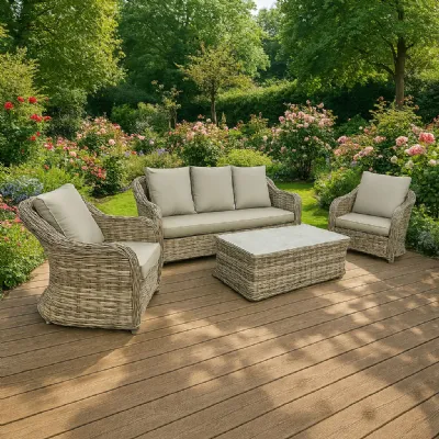 Beige Rattan Garden 3 Seater Sofa Set with Coffee Table
