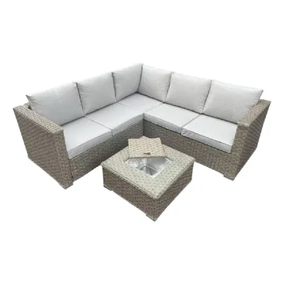 Brown Rattan Garden Corner Sofa Set with Ice Bucket Coffee Table