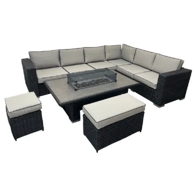 Black Rattan Rectangular Garden Corner Firepit Dining Set