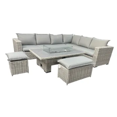 Grey Rattan Outdoor Garden Corner Firepit Lift Dining Table Set