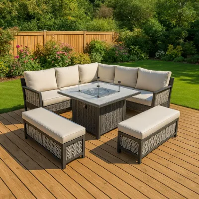 Beige Aluminium Rattan Outdoor Garden Corner Firepit Dining Set