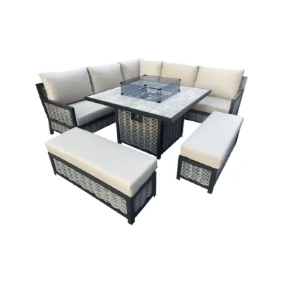 Grey Aluminium Outdoor Garden Corner Firepit Dining Set