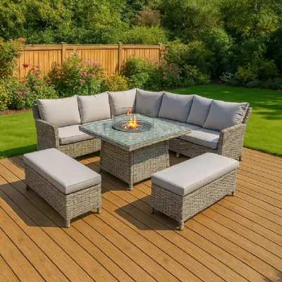 Grey Rattan Outdoor Garden Square Firepit Corner Dining Set