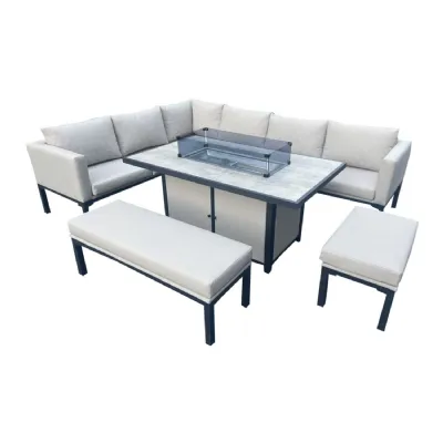 Beige Aluminium Rectangular Garden Corner Firepit Dining Set