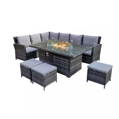 Grey Rattan Rectangular Garden Firepit Corner Dining Set