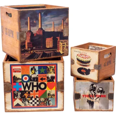 Vintage Natural Wooden Nested Set of 4 Record Storage Boxes Set