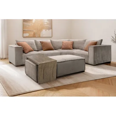 Mink Fabric Ottoman and Oak Wood Coffee Table Set