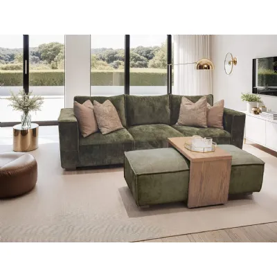 Olive Green Fabric Ottoman and Oak Wood Coffee Table Set