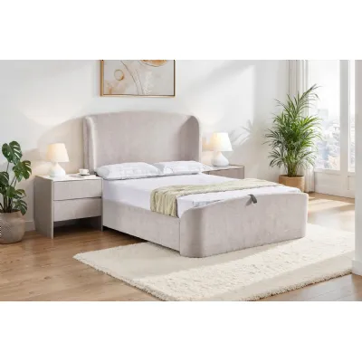 Cream Linen 4ft6 Double Ottoman Bed with Wing Headboard