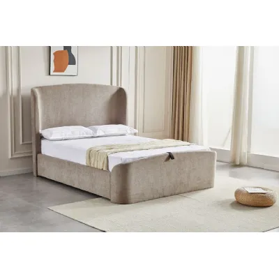 Beige Fabric Super King Size Ottoman Bed Wing Headboard