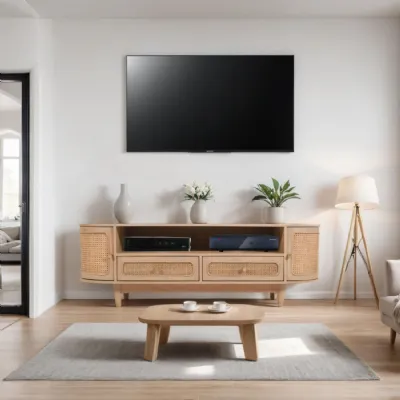 Natural Mango Wood and Cane 2 Door 2 Drawer TV Cabinet