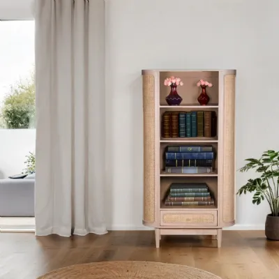 Natural Mango Wood 1 Drawer Large Bookcase Cane Doors