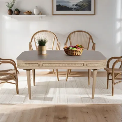 Natural Mango Wood 165cm Large Dining Table Cane Detailing