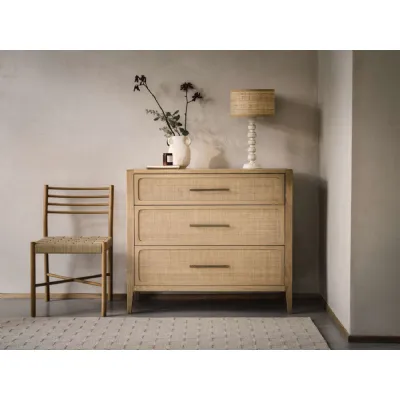 Brown Oak Chest of 3 Natural Rattan Drawers