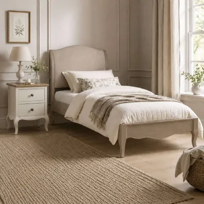 Camille French Style Bed Frame Limed Oak Oatmeal Linen, Single