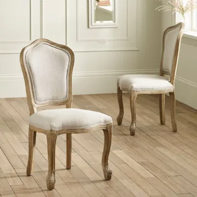 Set Of 2 Camille Oatmeal Linen Upholstered Dining Chairs With French Style Legs
