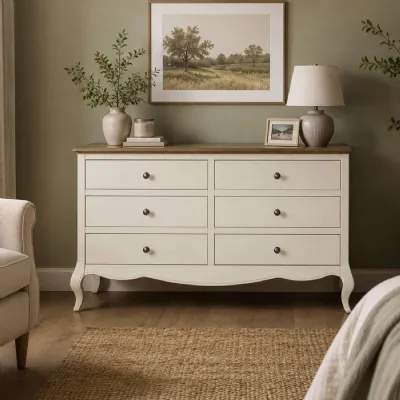 Camille French Style 6 Drawer Wide Chest Ivory Limed Oak