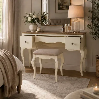 Camille French Style 3 Drawer Dressing Table With Stool Set Ivory And Limed Oak Oatmeal Linen