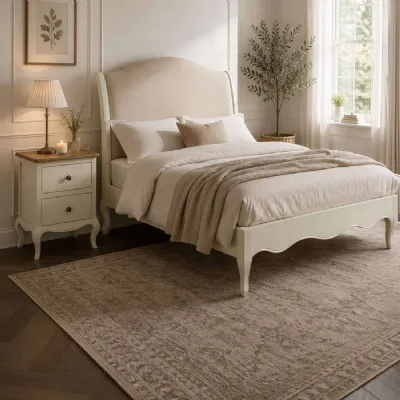 Camille French Style Bed Frame Ivory Oatmeal Linen, Double
