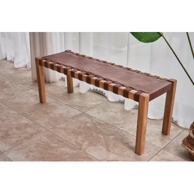 Artisan Brown Woven Natural Leather Seat Wooden Bench
