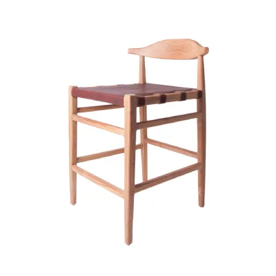 Modern Teak Counter Stool with Leather Seat and Curved Backrest