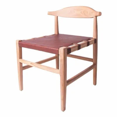 Natural Wood Brown Leather Accent Dining Chair