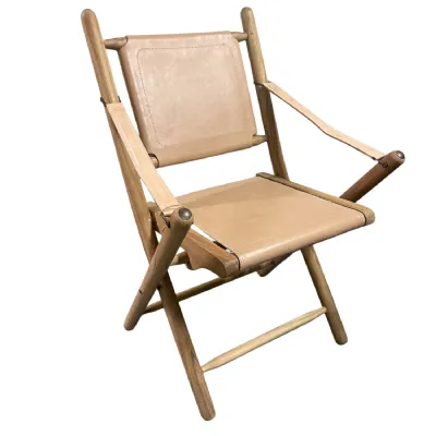 Natural Wood and Leather Folding Campaign Chair with Arm Supports