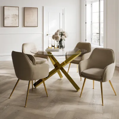 Round 4 Seater Dining Set with Velvet Upholstered Chairs