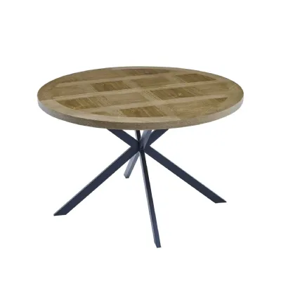 Oak Parquet Designed Top Round Dining Table Metal Legs 1.2m