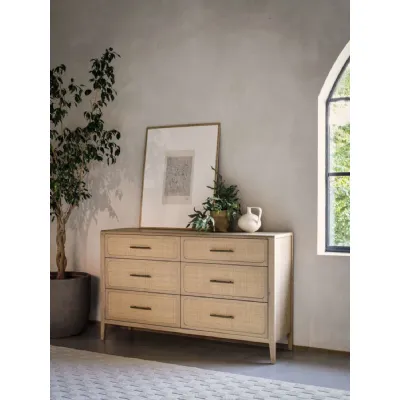 Oak Wide Chest of 6 Natural Rattan Drawers