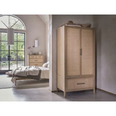 Brown Oak 2 Door 1 Drawer Double Wardrobe Rattan Front