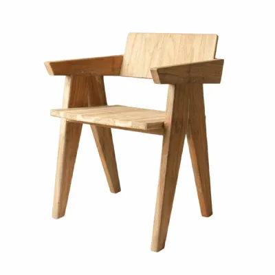 Natural Teak Wood Accent Chair with Angled Backrest and Sculpted Arm Design
